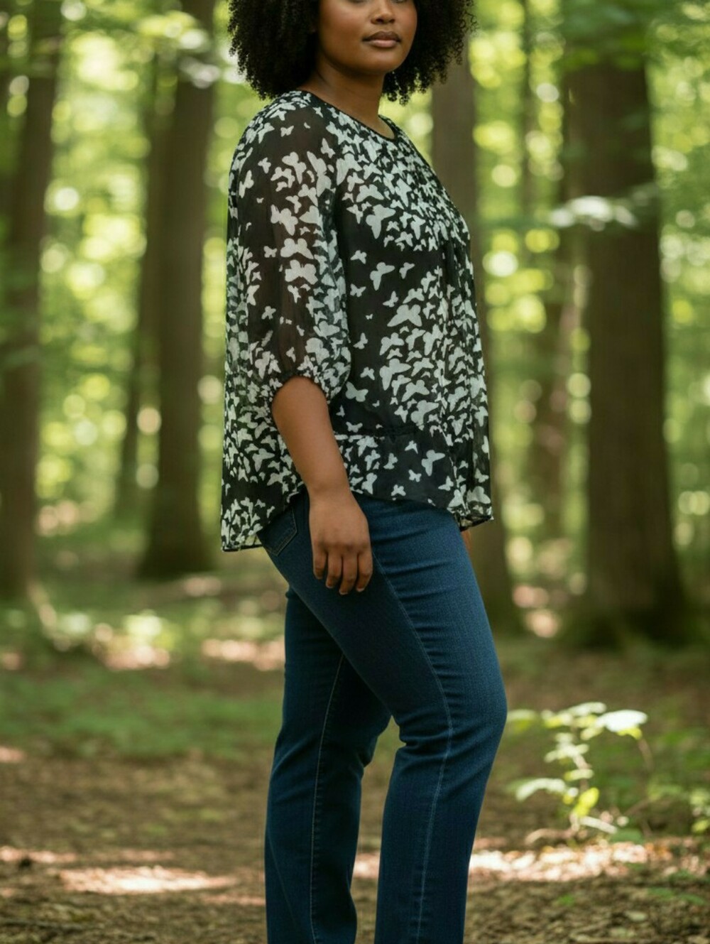 ♋ZARA Sheer Chiffon Butterfly Design Graphic Top